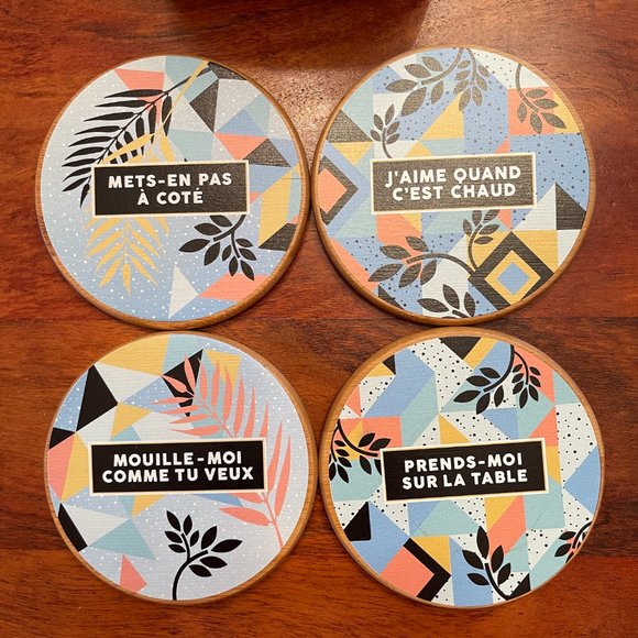 Coasters in French, Set of 4 Montreal-made wooden coasters with holder - Picture 3 of 7